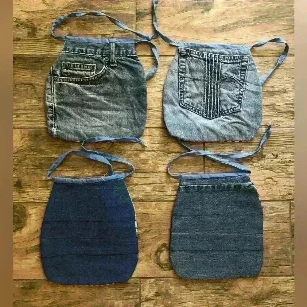 LOT OF 4 BABY BOY DENIM UPCYCLED MATERIAL QUILT BIBS